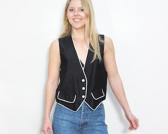 VINTAGE 90s Black & White CONTRAST Piping Tuxedo FLAP Pocket Sleeveless Minimalist Button Up Vest Top || S