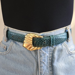 VINTAGE 80s Teal Green Genuine Snakeskin Leather Gold Buckle Statement Piece Belt || Size L - 28&quot; to 32&quot;