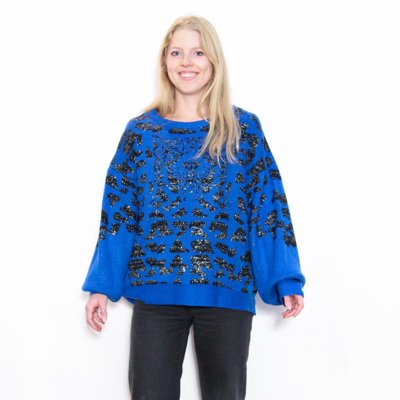 VINTAGE 80s Blue METALLIC Black Animal Leopard Cheetah Abstract Print Oversized Pullover Crewneck Loose Knit Sweater || L