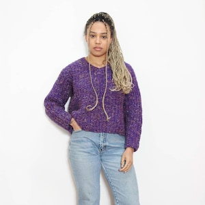 VINTAGE 80s 90s PURPLE Relais cotton mix Speckled Rainbow CHUNKY Knit Crewneck Cropped Sweater V Neck Top || 2 Petite