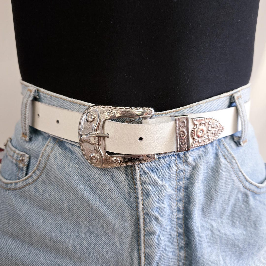 Silver and White Boho waist or Hip Leather belt made in Europe Woven White Leather Boho Belt: Silver Buckle, Moroccan  main image 3