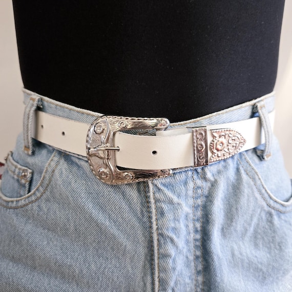 Vintage Streets Ahead White Leather Belt Silver Mesh Overlay 90s Western Streets Ahead Arbor Western Belt - White | Editorialist main image 4