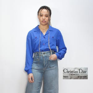 VINTAGE 80s 90s CHRISTIAN DIOR Blue Button Up Flowy Chic Academia Blouse Shirt Top || Capsule Wardrobe Minimalist || Size 8