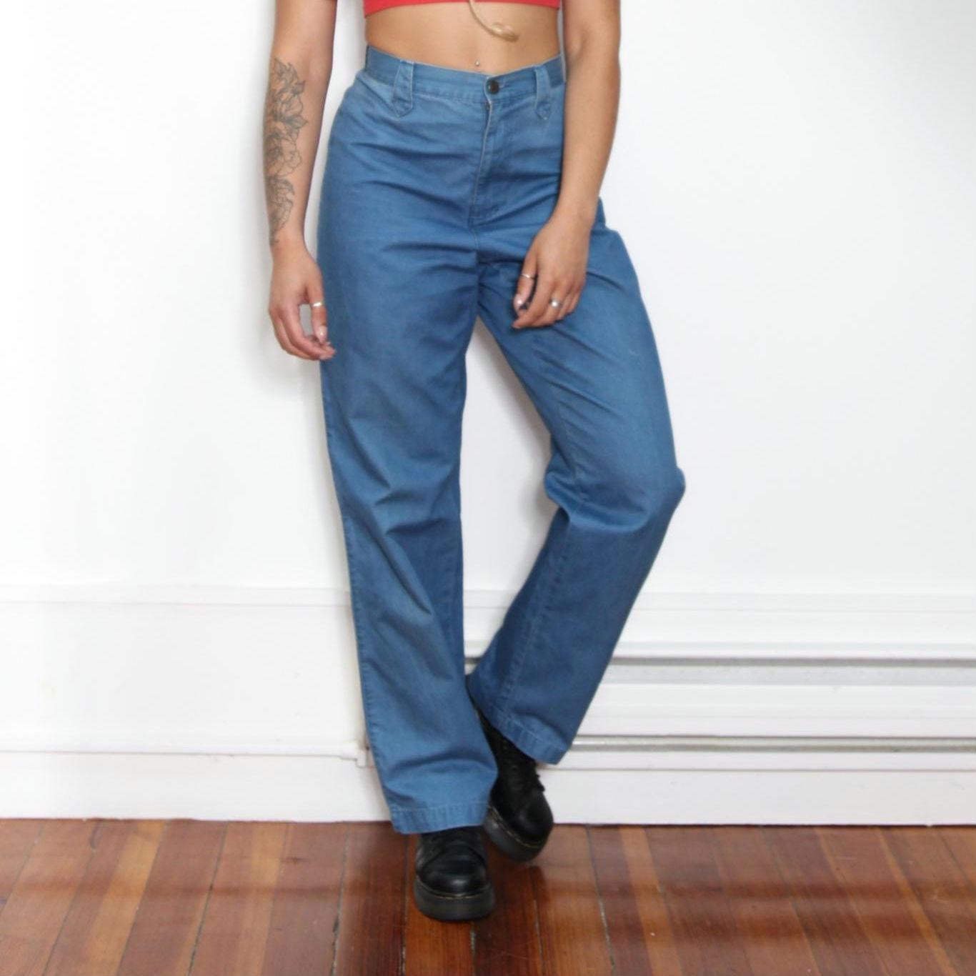 VINTAGE 90s Dark DENIM Blue Chambray High Waist Cotton Trouser Pants || Minimalism Capsule Wardrobe || 29" waist