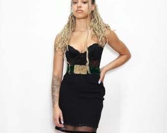 VINTAGE 90s 2000s Y2K BETSEY JOHNSON Black Sheer Polka Dot Mesh Sequin Rose Applique High Waist Mini Skirt || S - 26&quot;