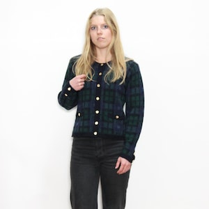 VINTAGE 90s TALBOTS Wool Mix GREEN Navy Blue Flannel Tartan Plaid Gold Button Up Boxcut Cropped Cardigan Sweater || S P