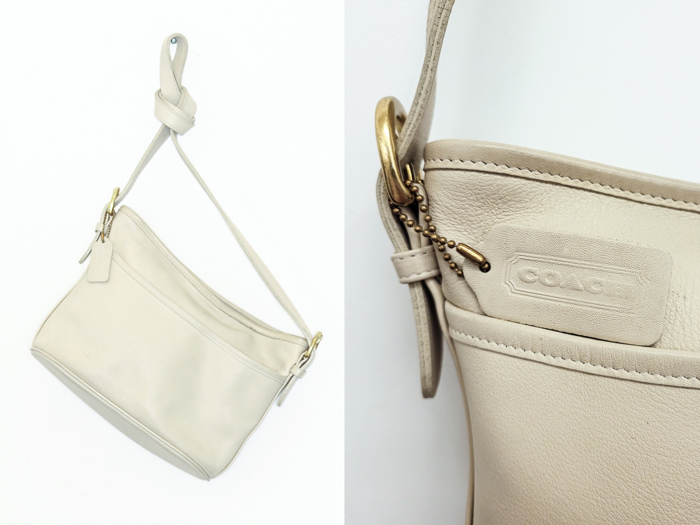 Vintage Coach Small Beige/ivory Leather Crossbody With Gold Chain Leather  Strap 