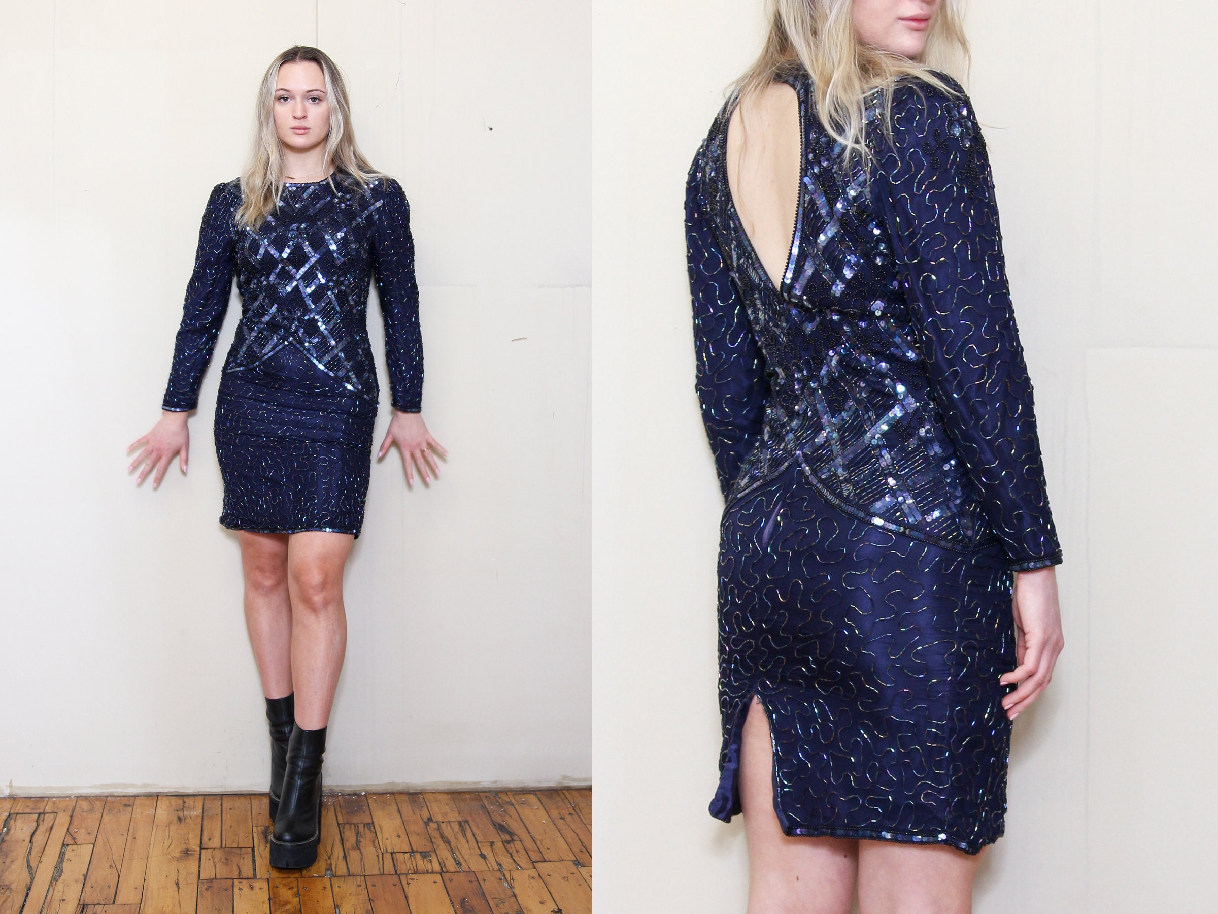 Navy Sequin Dress - Etsy