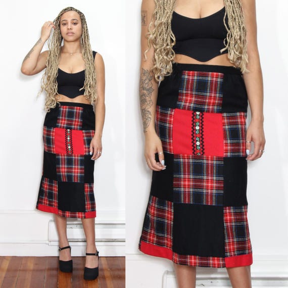 VINTAGE 80s Black Red PATCHWORK Square Quilted German Plaid Flannel FLORAL Embroidered Folk Prairie Pencil Skirt 28 Etsy UK