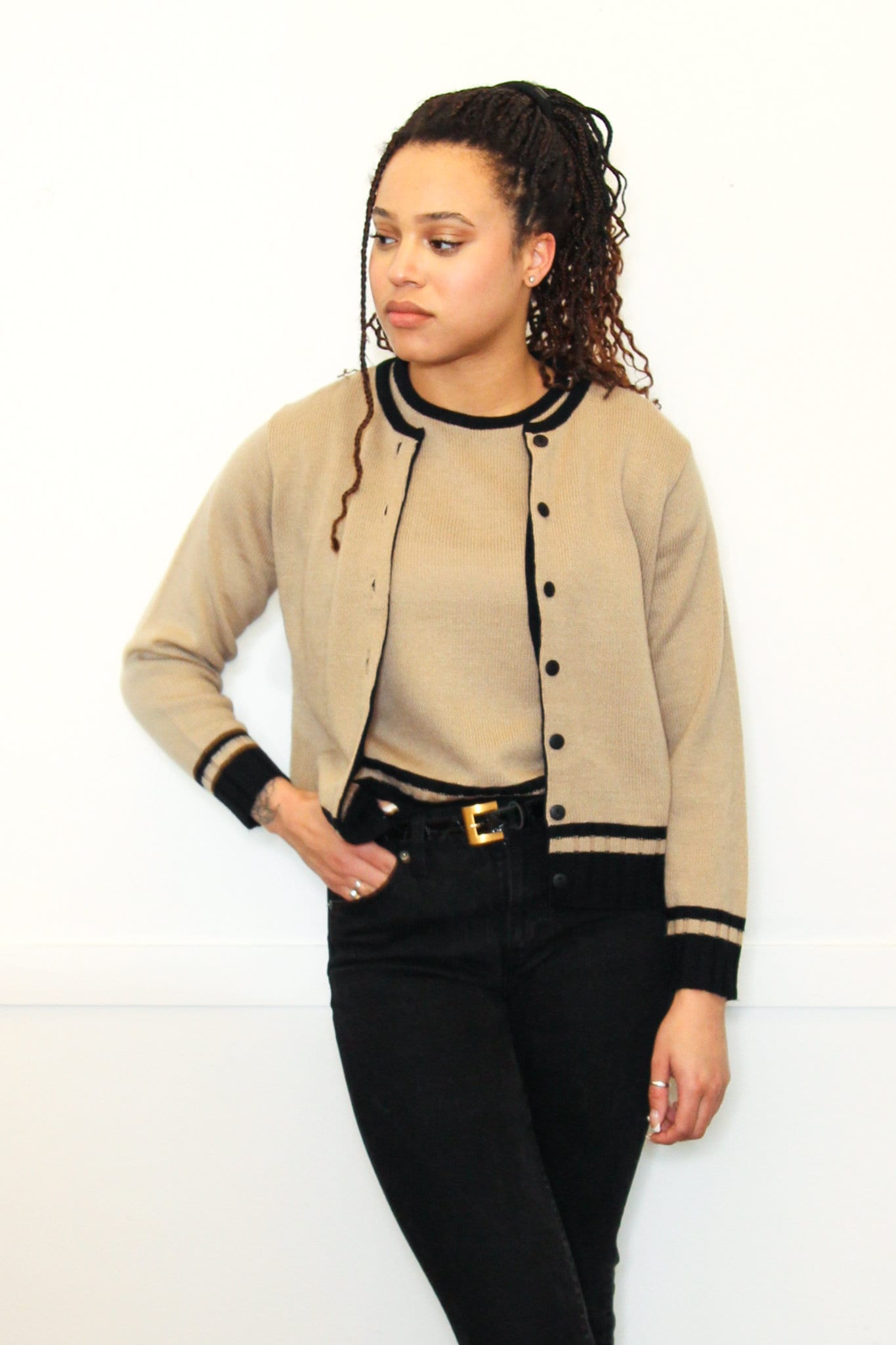 VINTAGE 90s Tan Brown Black Stripe VARSITY 2 Piece Cardigan