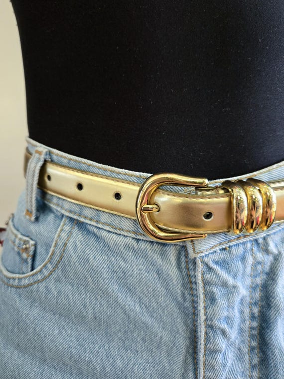 VINTAGE 80s 90s Gold Leather Triple Loop Holder Disco Fun  display picture 3