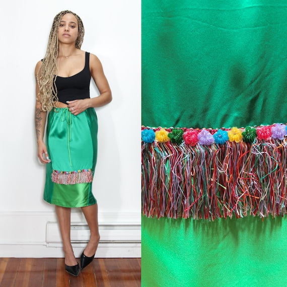 VINTAGE 90s Green Silk PETRO ZILLIA Designer Slinky Floral Sequin