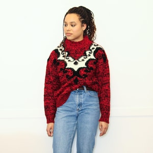 VINTAGE 80s Red Black White Cashmere Fuzzy CHUNKY Knit Abstract Print Mock Neck Turtleneck Sweater || Size M