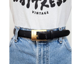 VINTAGE 90s Perry Ellis Black Leather Belt Large Brushed Gold Rectangular Buckle || Minimalism Chic Classic Size M