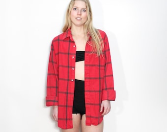 VINTAGE 90s RED Cotton PLAID Flannel Tartan Button Up Relaxed Casual Style Grunge Shirt Top || Size L