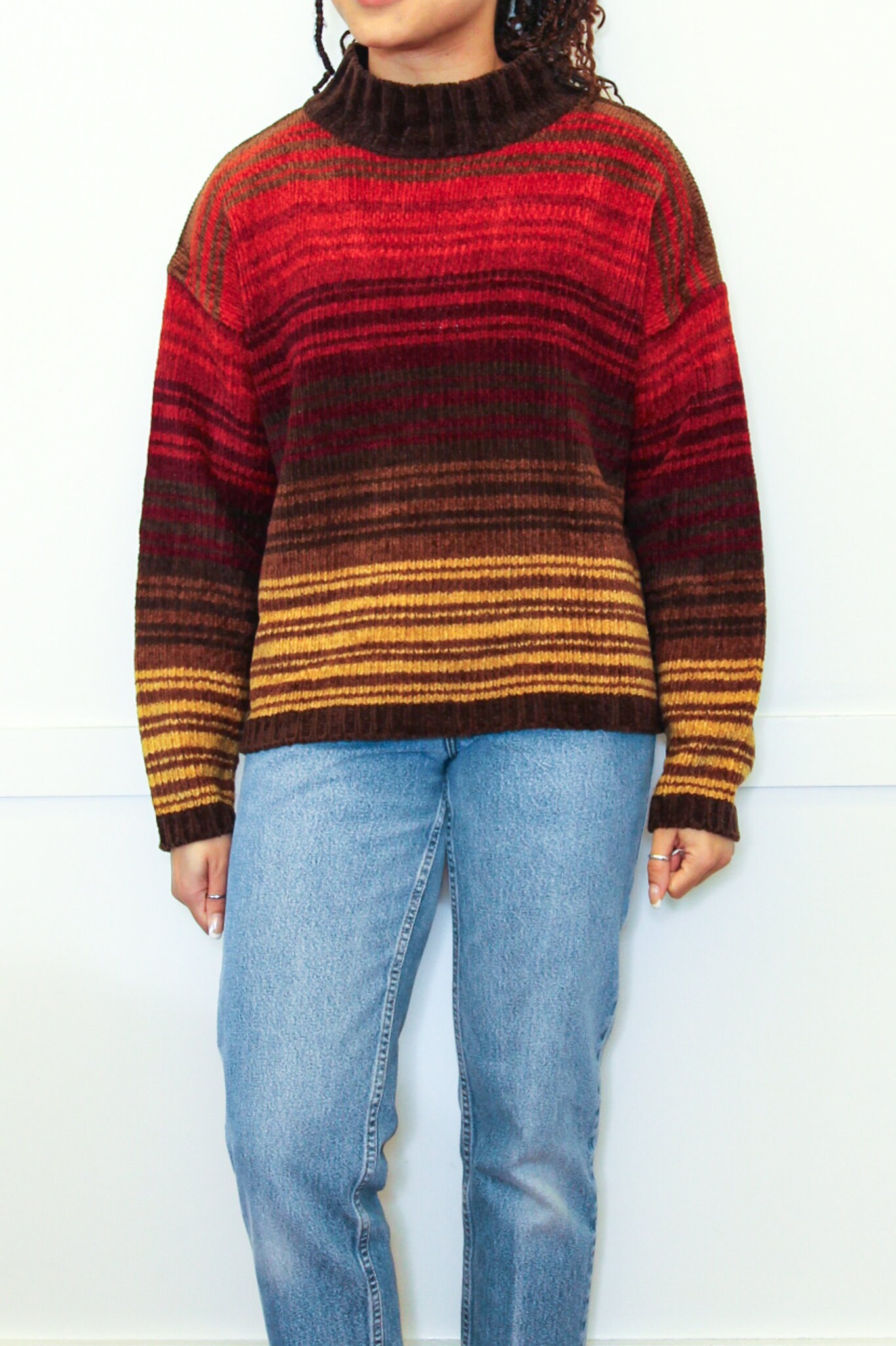 VINTAGE 90s Autumn Brown Orange Red STRIPED Velvet Mockneck
