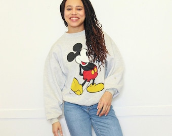 VINTAGE 80s 90s Disney MICKEY MOUSE Gray Oversized Cotton Loose Sweatshirt Cozy Casual Athleisure || Size xl