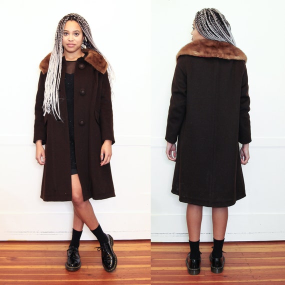 VINTAGE 50s 60s Brown Wool FUR MINK Princess Midi Coat Jacket Large Buttons Glam Mod Heavy Winter Coat High Quality Sm Med