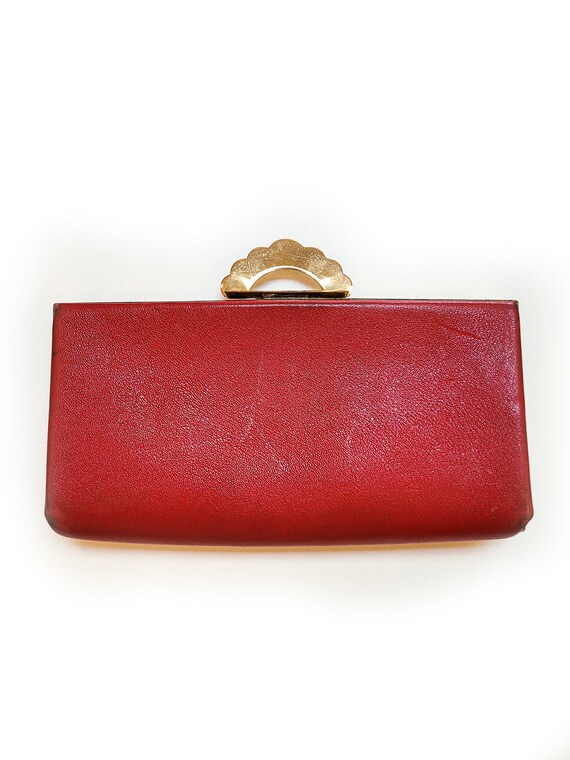 VINTAGE 70s Red Leather Wallet Clutch Metallic Go… - image 3
