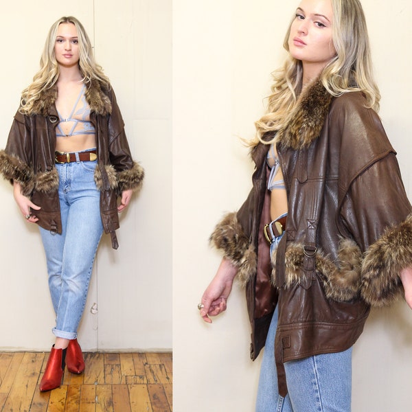 Vintage 70s 80s ICONIC RARE UNIQUE Brown Leather Real Fur Shearling Aviator Cape Batwing Winter Jacket Outerwear One of A Kind, Free Size