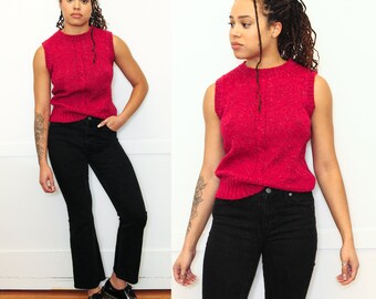 VINTAGE 70s 80 Magenta Pink WOOL Speckled CABLEKNIT Sleeveless Menswear Sweater Vest Fitted Academia Preppy || Size S