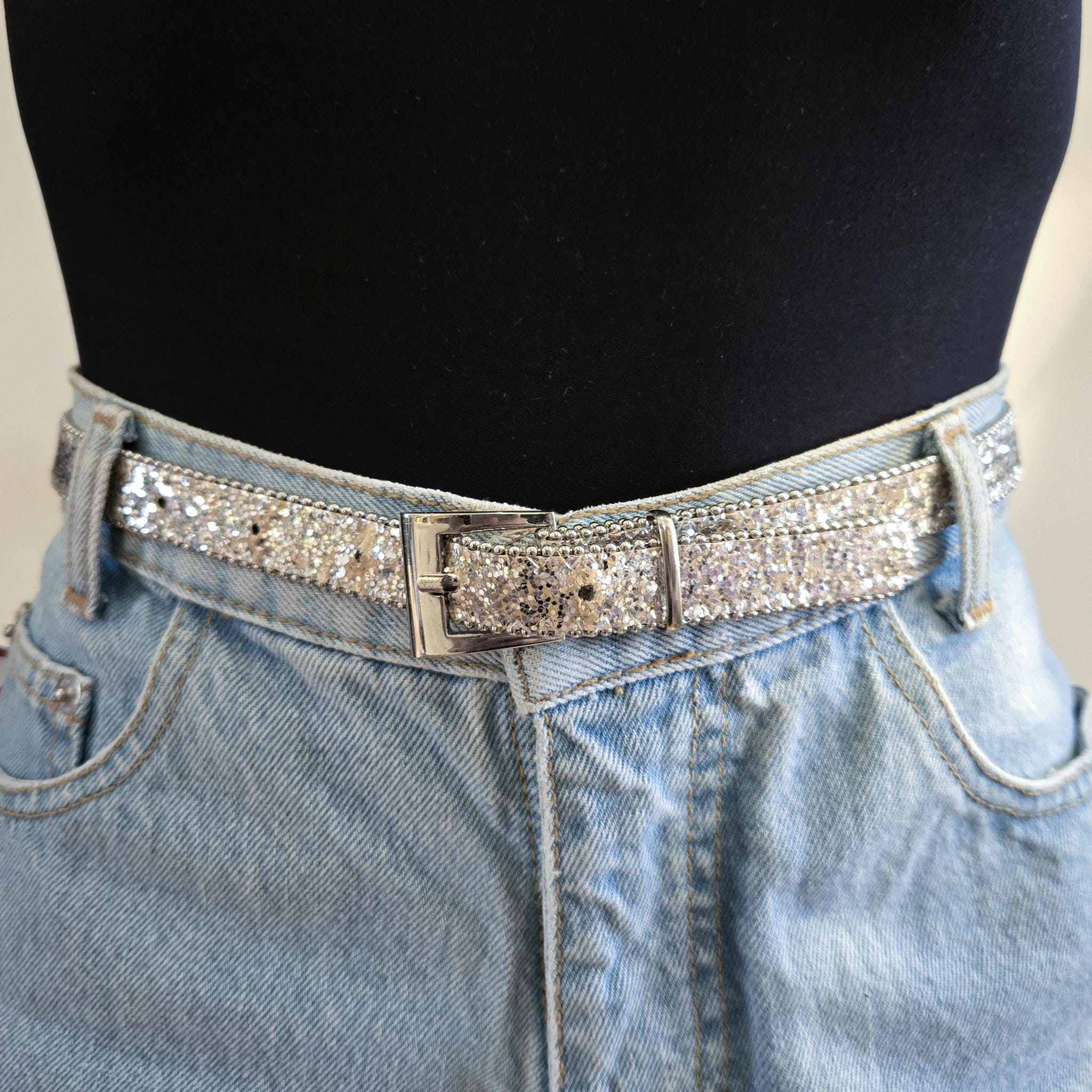 Vintage sequins and crystal  sparkle belt Y2K Sequins Stretch Belts With Metal Interlocking Buckle for  main image 3