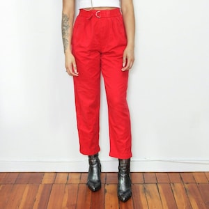 VINTAGE 80s 90s RED Belted High Elastic Waist Cotton Relaxed Ankle Fit Trouser Pants || Streetstyle Aesthetic || Size 6