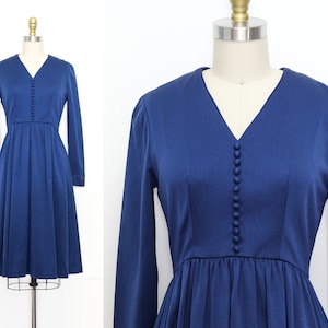 VINTAGE 60s 70s Slinky NAVY BLUE Multi Buttoned Empire Waist Long Sleeve Hippie Boho Zippered Knee Length Dress Small