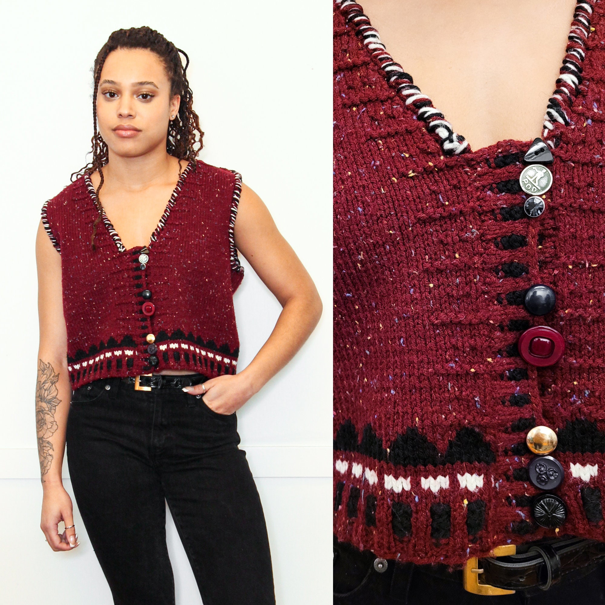 VINTAGE 80s Burgundy WOOL Handknit Handmade Western