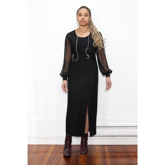 VINTAGE 80s Black Maxi Slit Empire Waist Dress Sheer Blouson Chiffon Sleeve Beaded Belted Cinched Waist || Witchy Goth || 4