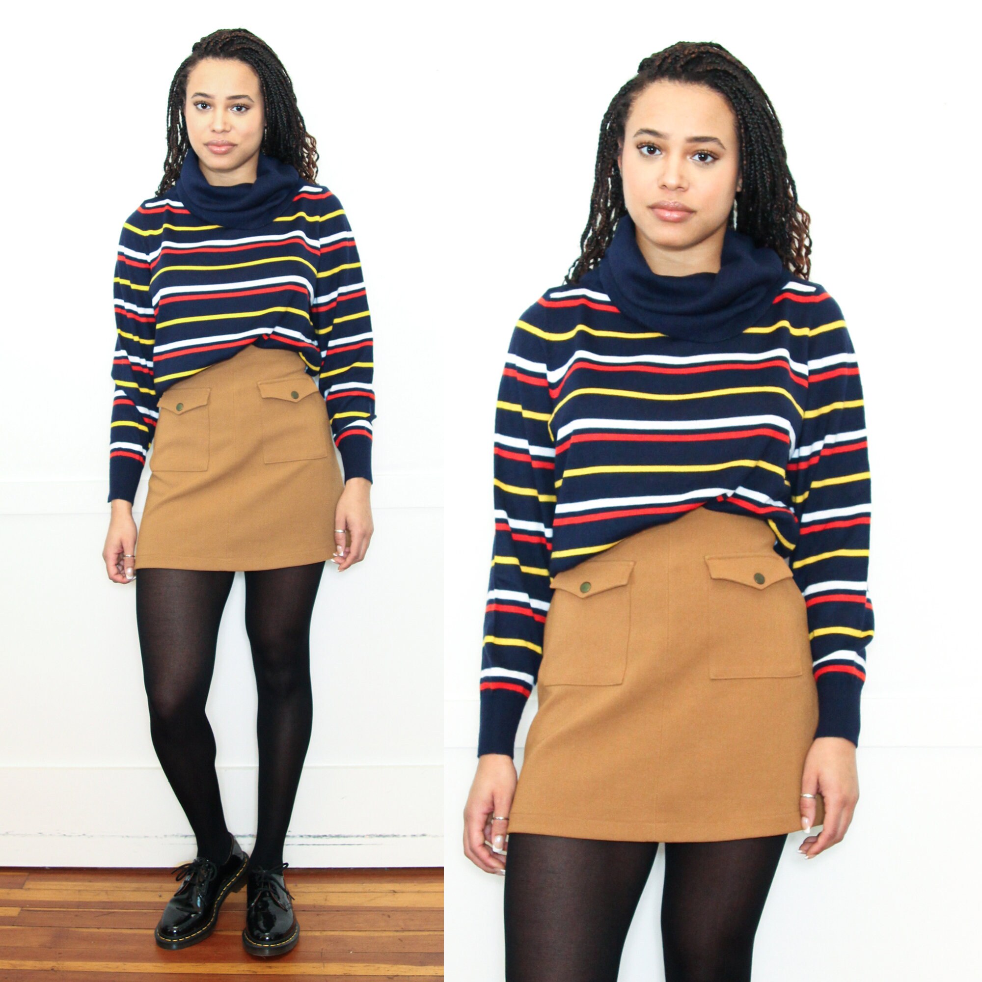 VINTAGE 70s Navy Blue STRIPED Yellow White Red COWL Neck