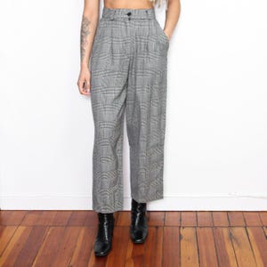 VINTAGE 80s 90s Black White Houndstooth WOOL High Waist Academia Wide Leg High Water Capsule Wardrobe Trouser Pants || S
