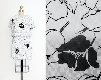 VINTAGE 80s White & Black ABSTRACT FLORAL Babydoll Tulip Sleeve Blouson Grunge Streetstyle Mini Dress Size M or L