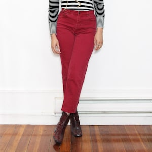 VINTAGE 90s Cranberry Red COTTON Spandex Semi Stretch High Waist Ankle Grazer High Water Casual Mom Denim Jeans || 6P