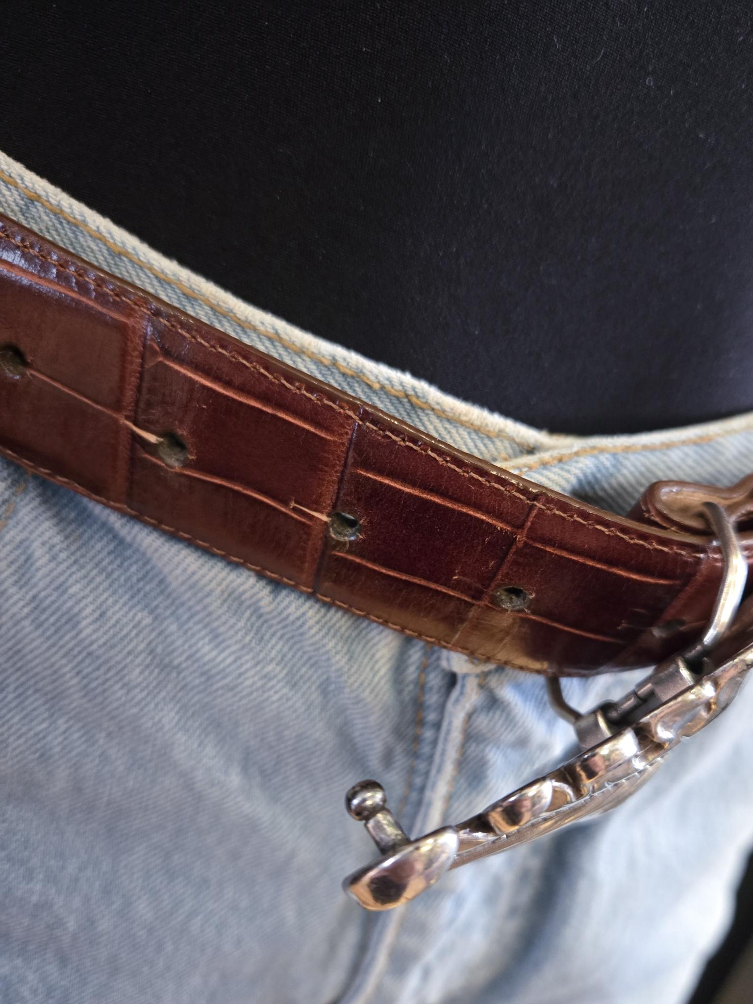 VINTAGE 90s Brighton Brown Reptile Embossed Silver 