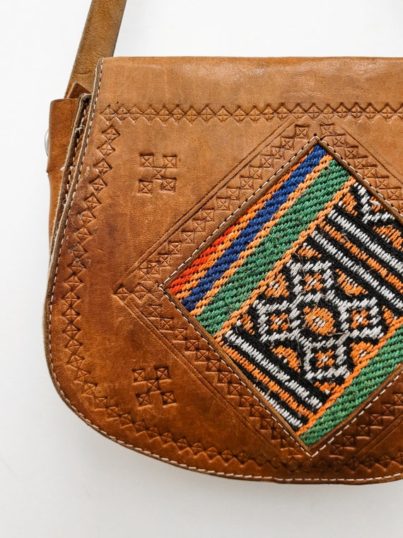 VINTAGE 70s Brown Leather Tooled Embossed Ethnic … - image 6