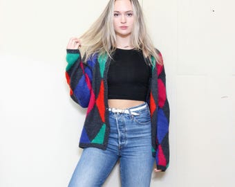 VINTAGE 80s 90s Colorful Rainbow Argyle Diamond Print MOHAIR Wool Streetstyle Slouchy Cardigan Sweater Jacket Top Size M