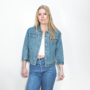 VINTAGE 90s LEVIS Denim Blue Cotton Shrunken Cropped Slim Fit Snap Button Jean Jacket || Fits XS or S