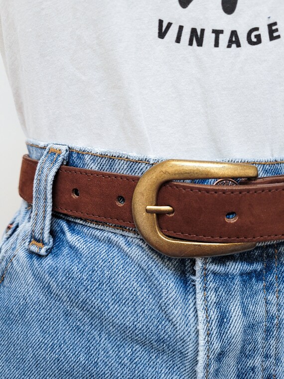 VINTAGE 80s 90s Dark Brown Leather Belt Brass Buc… - image 2