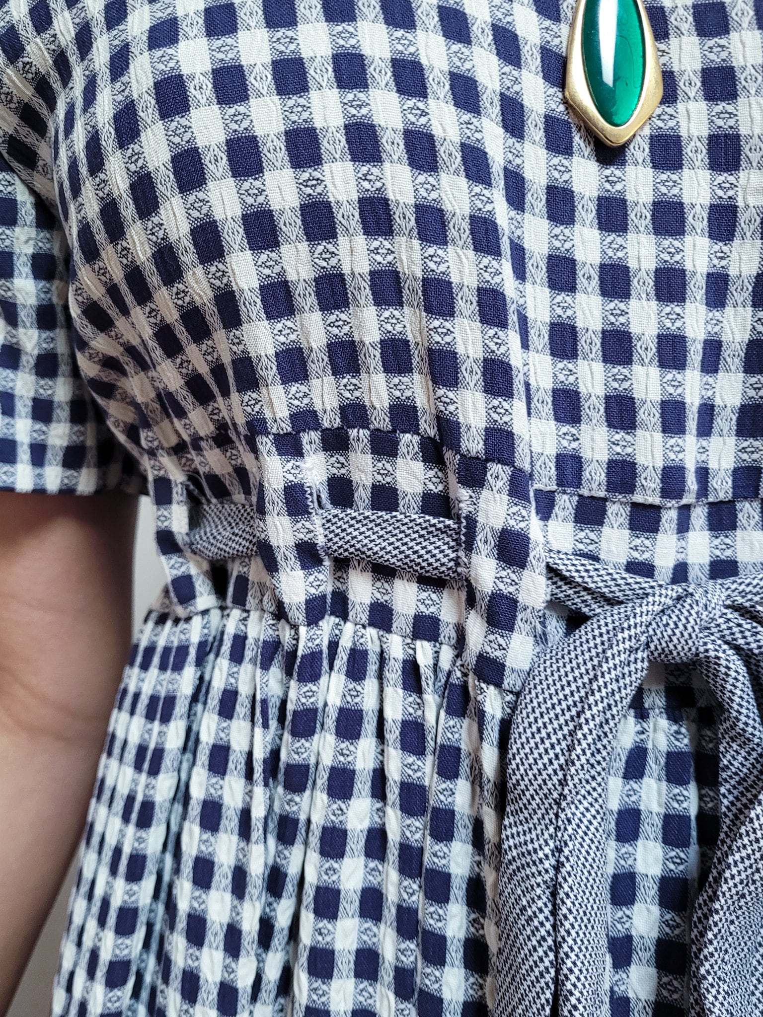 VINTAGE 90s Navy Blue & White Checkered GINGHAM Plaid Maxi Dress Empire Drawstring Waist || Cottagecore Size 10 M