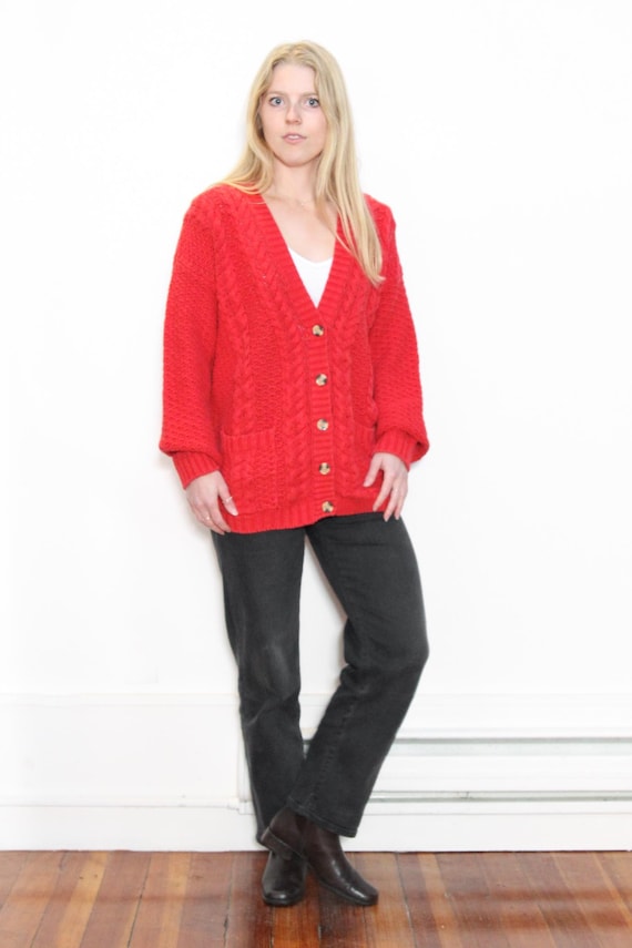 VINTAGE 80s 90s RED Cableknit Chunky Knit COTTON Ramie Open Pocket