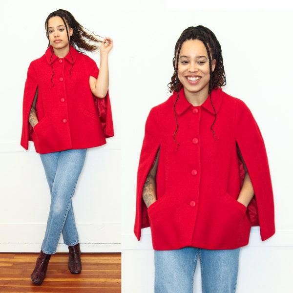 VINTAGE anni 2000 Red Talbots WOOL Chic Wool CAPE Bolero Button Up Front Jacket Coat // Minimalism Capsule Guardaroba Taglia S