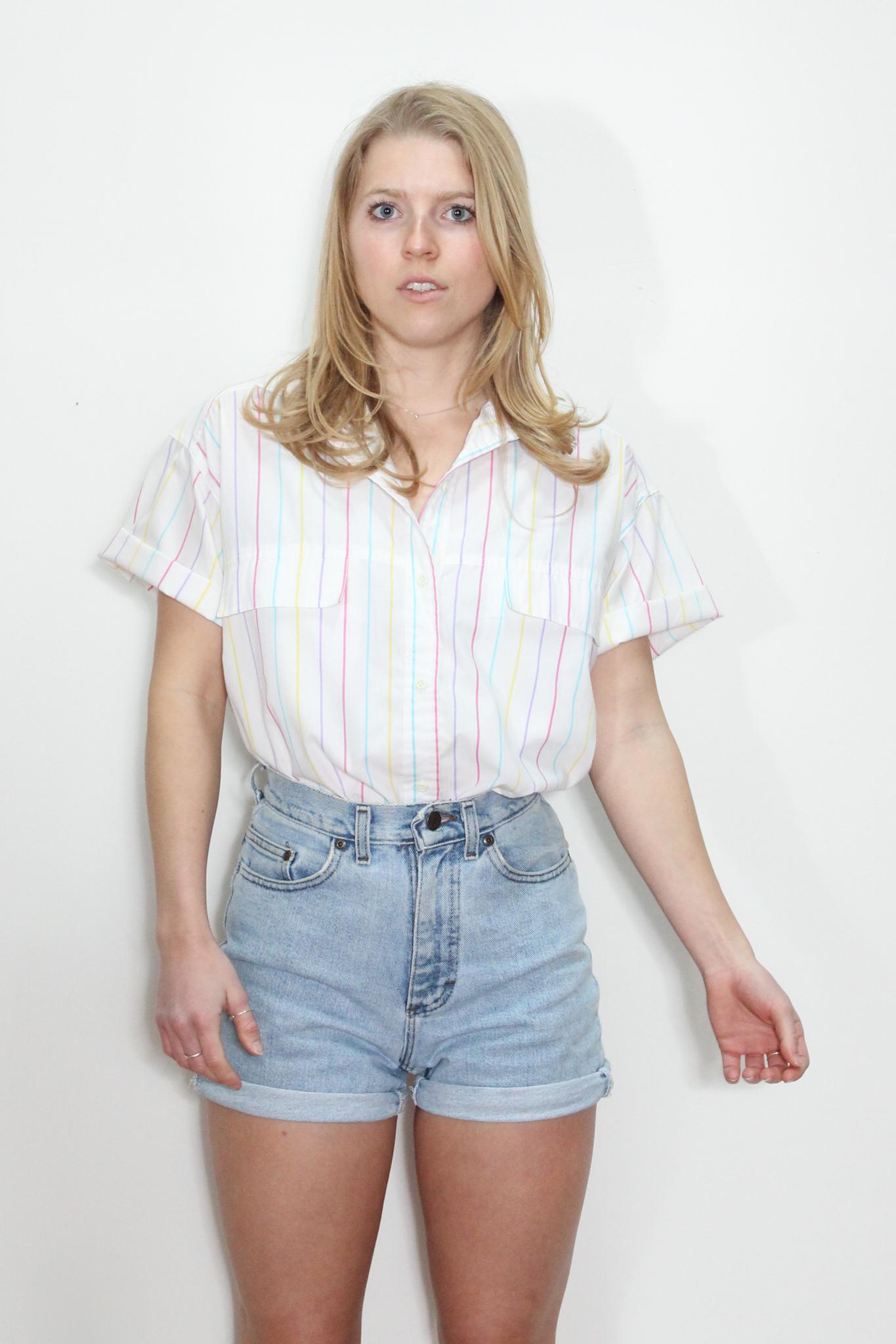 VINTAGE 80s White COTTON Mix Colorful STRIPED Normcore Short 