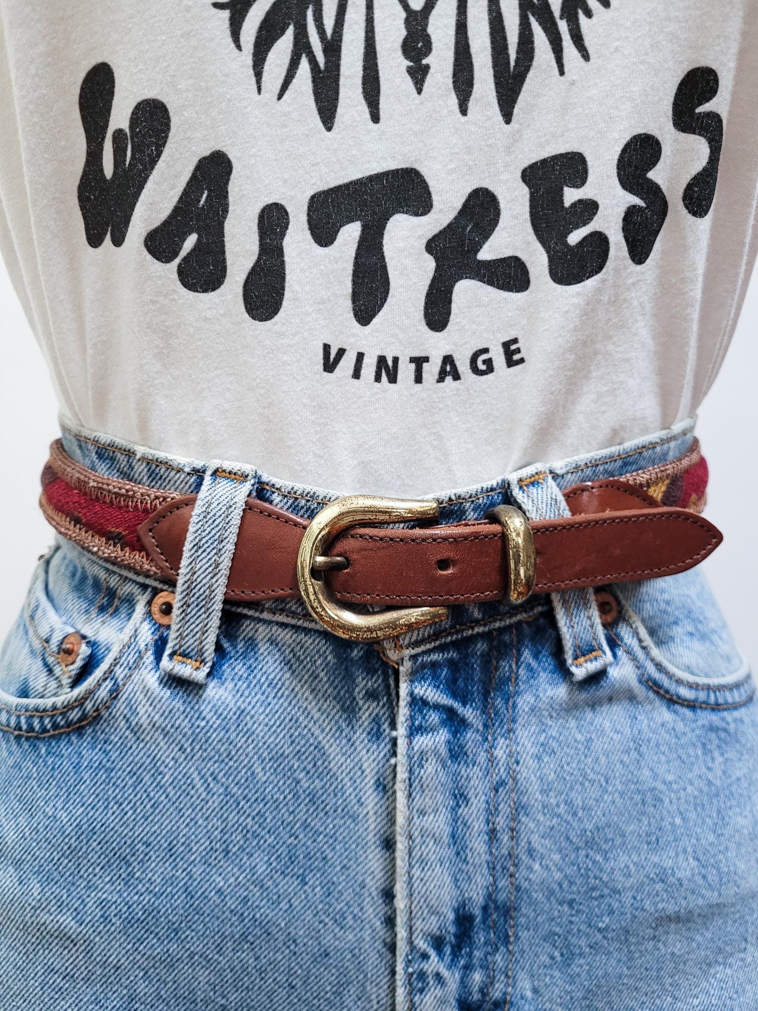 The Leather Shop Statement Belt Brass Buckle Decoration Crossstich Western Boho Vintage Boho Laced Leather Belt • Wide Rustic Brown • Aged  main image 4