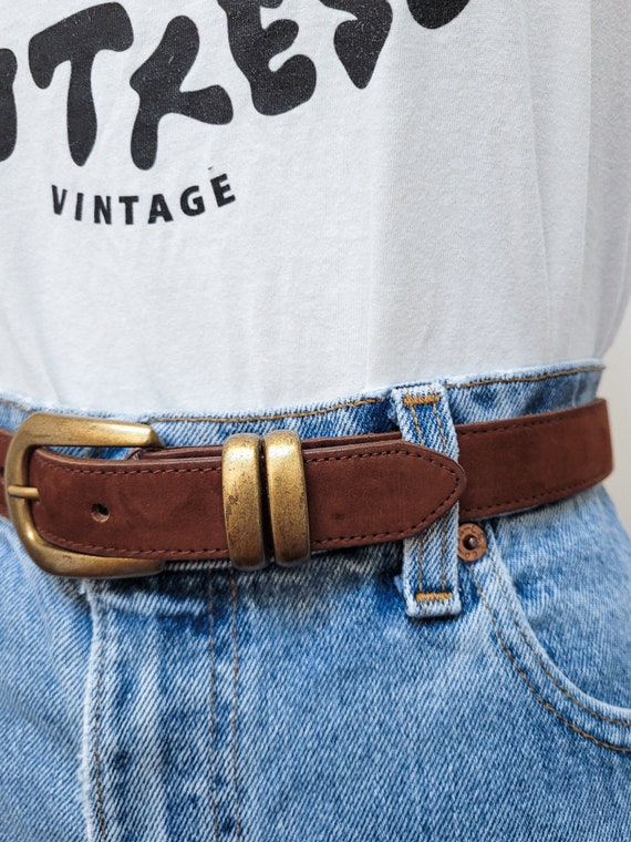 VINTAGE 80s 90s Dark Brown Leather Belt Brass Buc… - image 5