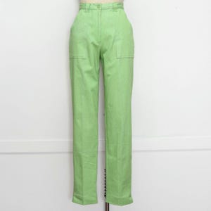VINTAGE 80s Lime Green High Waist Textured Striped Large Pockets Trousers Straight Leg Bottoms Pants Minimalist Size 8 M