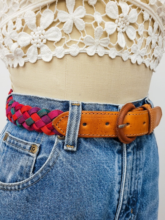 VINTAGE 90s Brown Leather Belt Colorful Multicolored Pink Woven