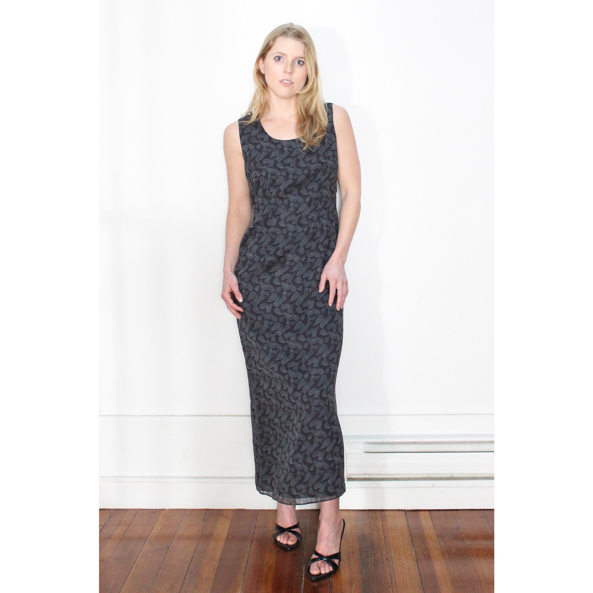 VINTAGE 90s GRAY SILK Banana Republic Abstract Botanical Leaf Print Sleeveless Slim Fit Maxi Minimalist Dress || Size 2