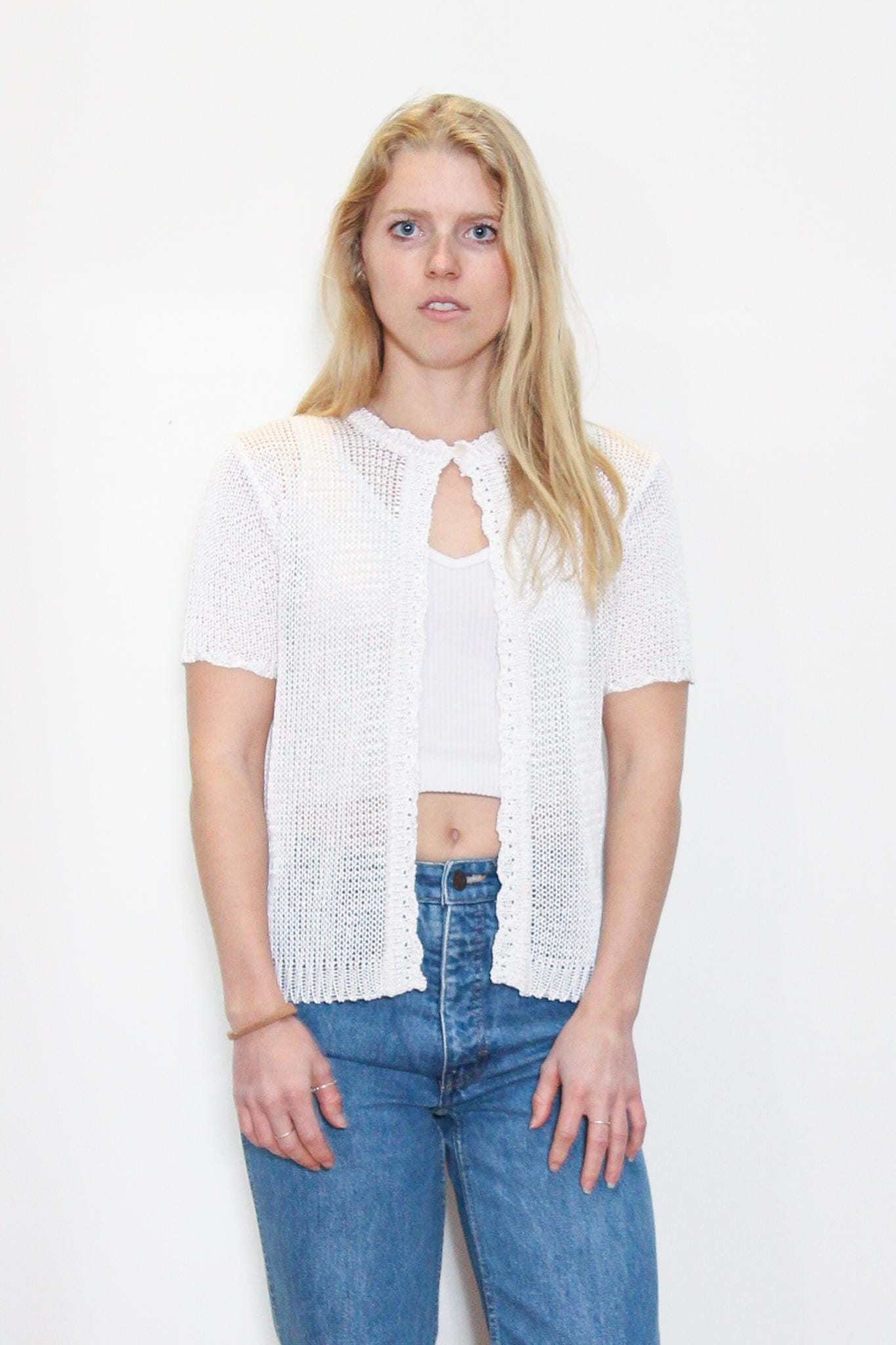 VINTAGE 90s Y2K White CROCHET Sheer Scallop Trim Short Sleeve