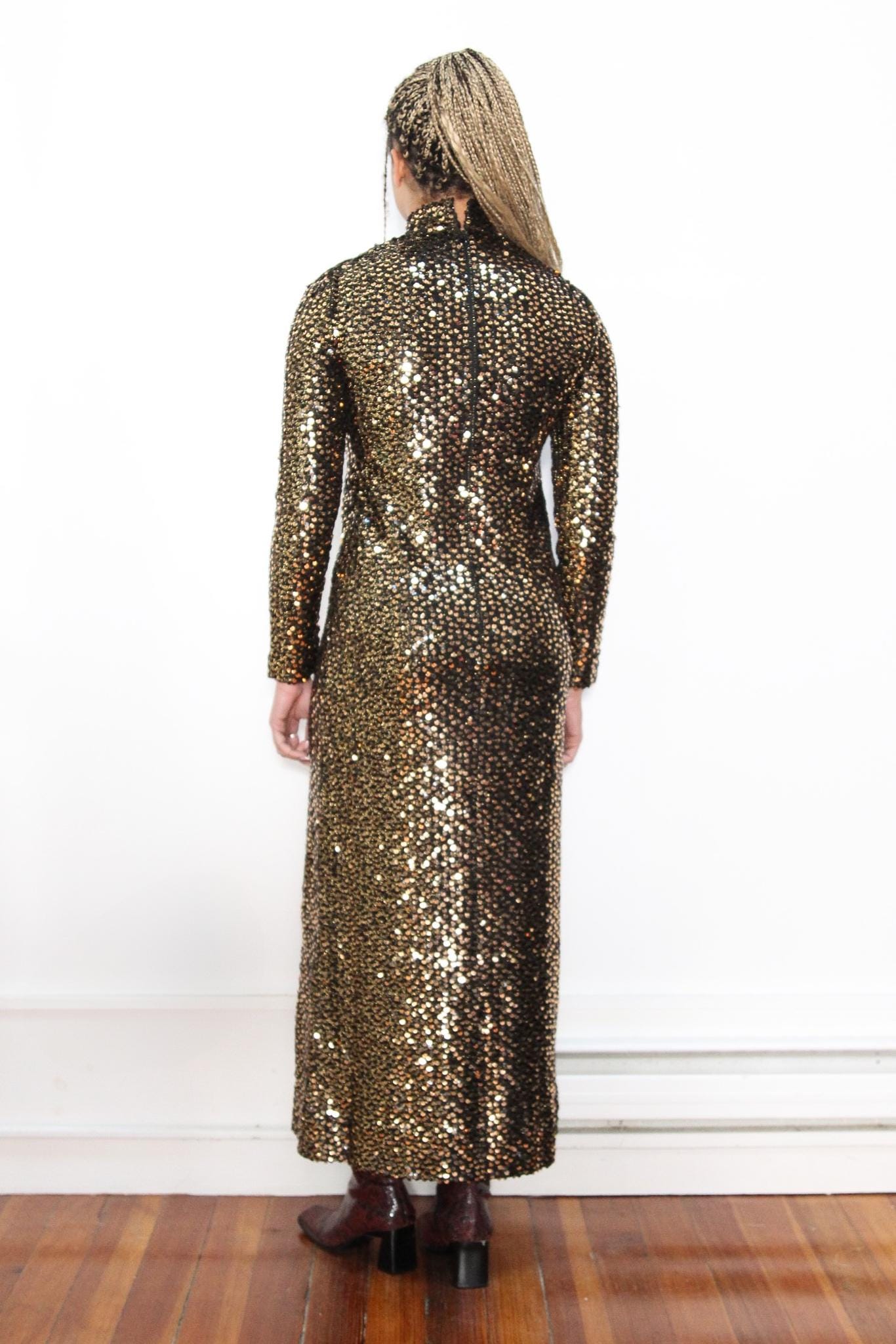 VINTAGE 70s Gold Black HEAVILY Sequinned Long Sleeve MOCKNECK Maxi Disco Party New Years Even Stretch Statement Dress || 8